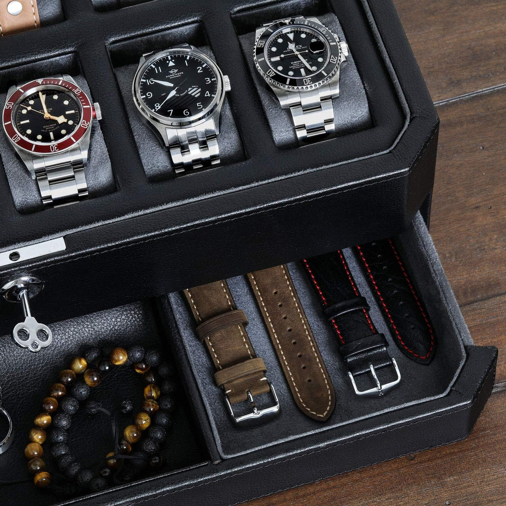 ROTHWELL 12 Slot Leather Watch Box with Valet Drawer - Luxury Watch and Jewelry Case Display Organizer, Microsuede liner, Mens Locking Storage Holder Large Glass Top (Black/Grey)
