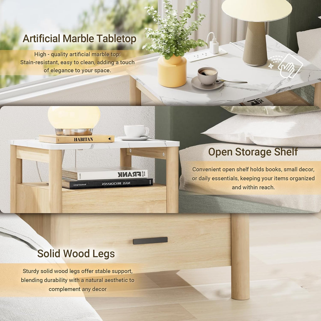 Night Stand Set of 2 with Charging Station, 20" Large Modern Nightstand with Faux Marble Top, 2 Drawers End Table with Solid Round Post Legs&Open Shelf, for Bedroom, Natural Oak