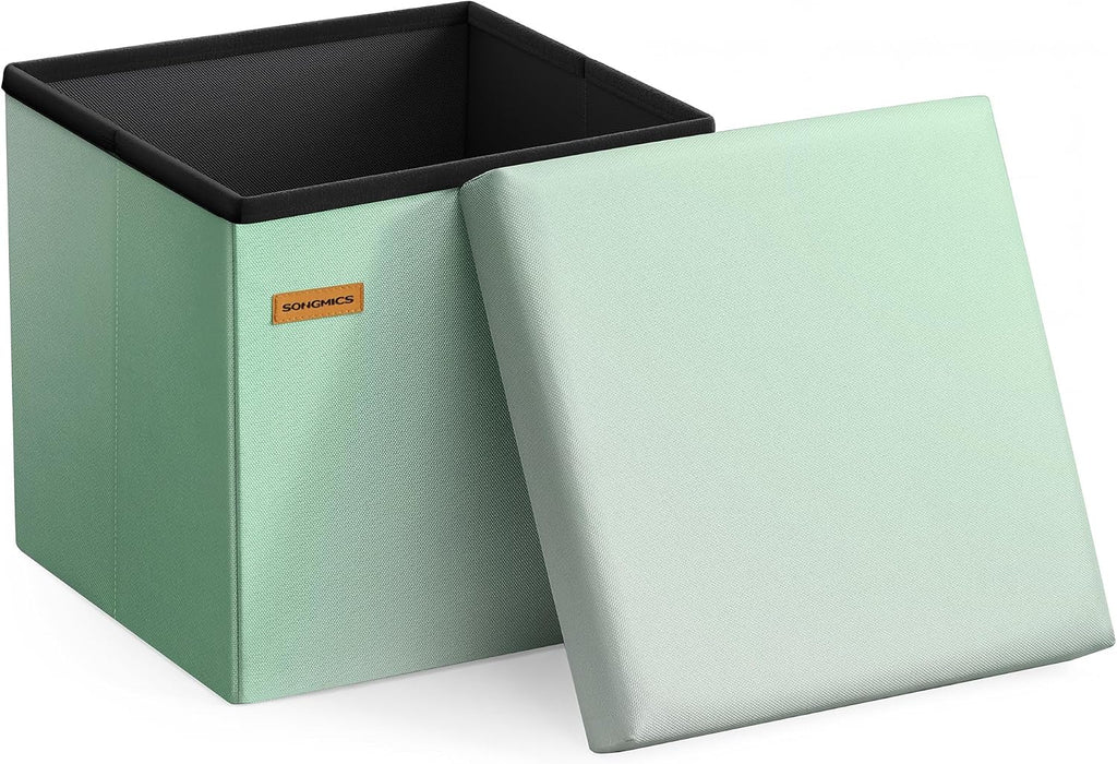 SONGMICS Folding Storage Ottoman Bench, Linen Fabric, Storage Chest, Foot Rest Stool, Holds up to 286.6 lb, 11.8 x 11.8 x 11.8 in, Bedroom Bench, Blue-Green Ombre, Minota Collection ULSF028X201