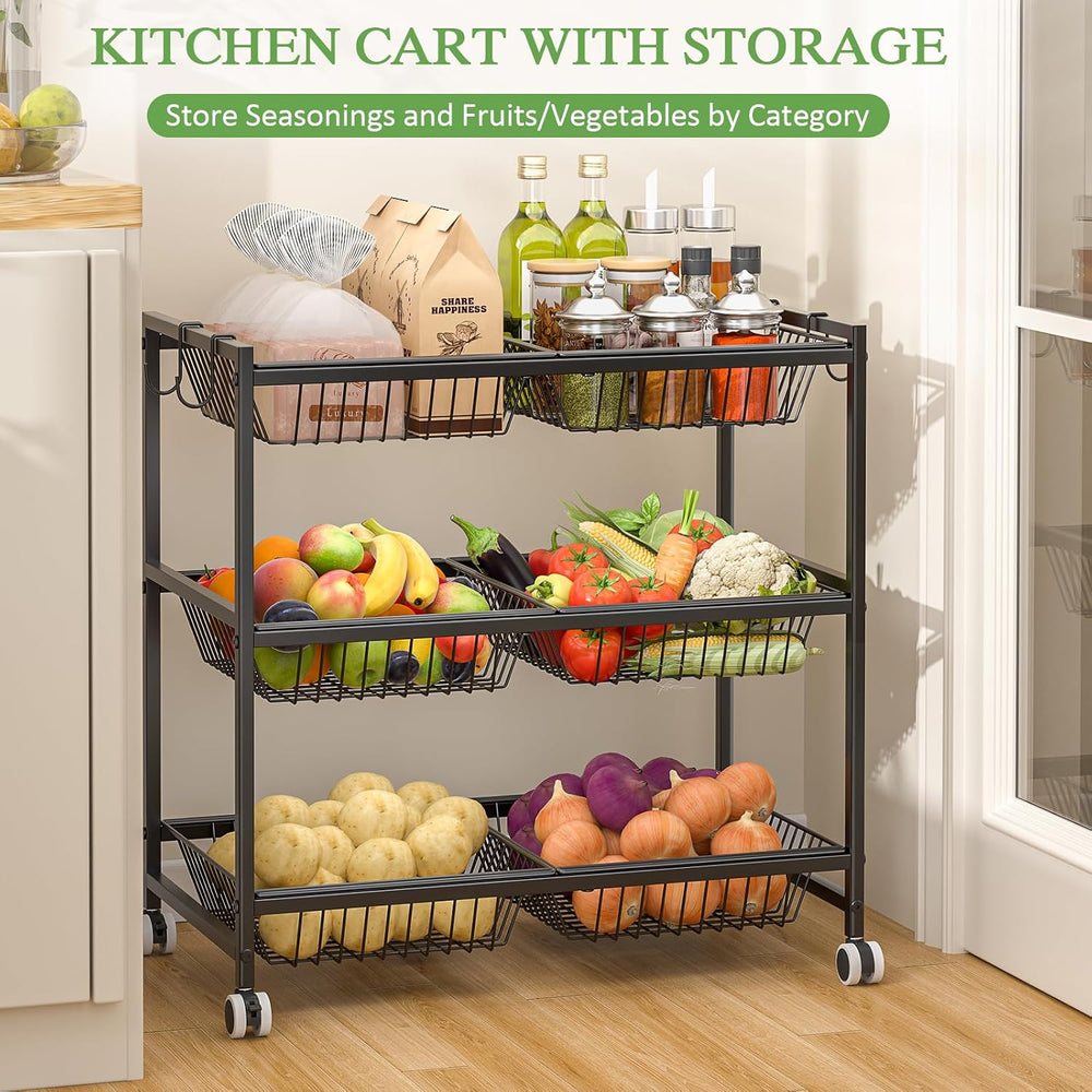 3-Tier Rolling Pantry Floor Organizer Cart with 6 Detachable Baskets, Metal W...