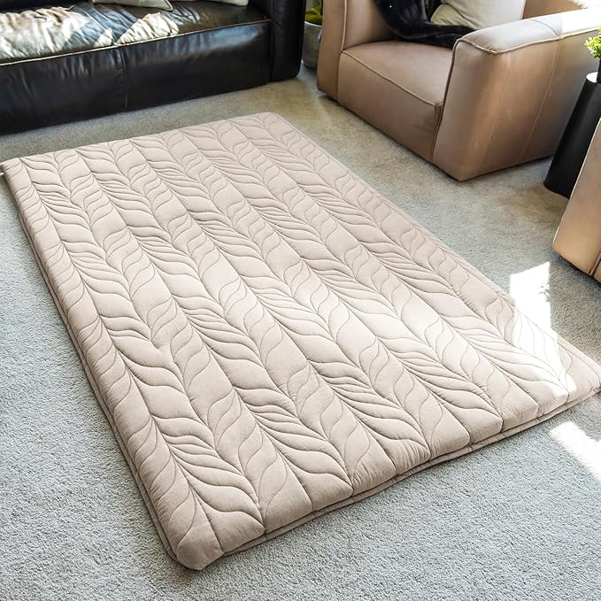 ZonLi Japanese Floor Mattress Futon Mattress Full Size, Thicken Roll Up Tatami Mat w/ 100% Cotton Washable Cover, Portable & Foldable Floor Bed Mattress for Sleeping, Dormitory, Adult Kids, Khaki