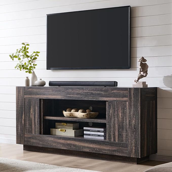 OKD Modern 70" TV Stand, Entertainment Center for TVs Up to 80", Media Console with Large Open Storage & Side Cabinets, Thick Wood Design for Living Room, Dark Rustic Oak