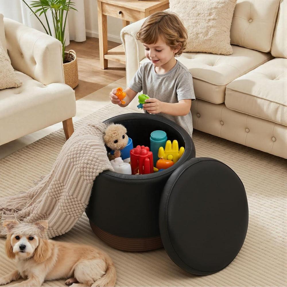 19" Round Swivel Storage Ottoman with Tray Top, Upholstered Faux Leather...