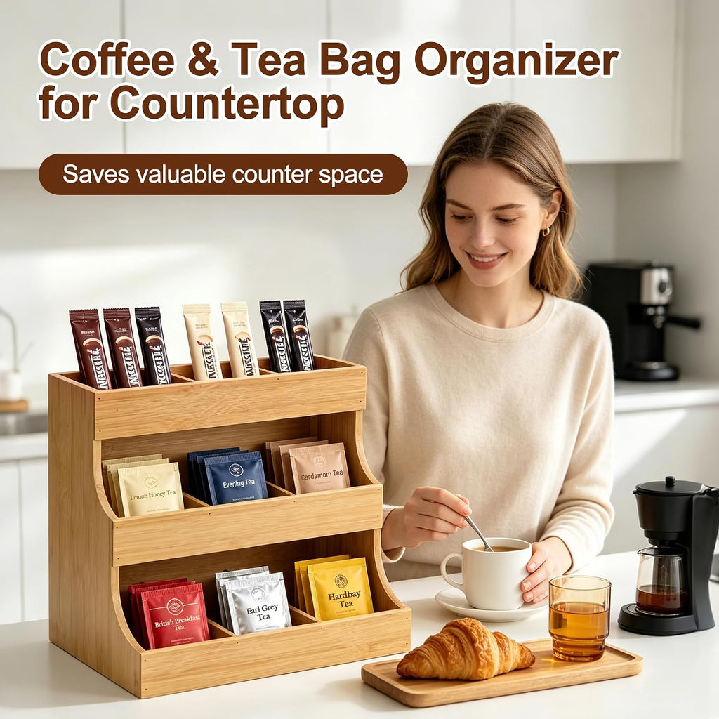 Bamboo Tea Bag Organizer, 3-Tier Vertical Space Saving Storage for Tea Bags, Coffee Pods, Sugar Packets, Countertop Holder for Kitchen, Coffee Bar, Home Office