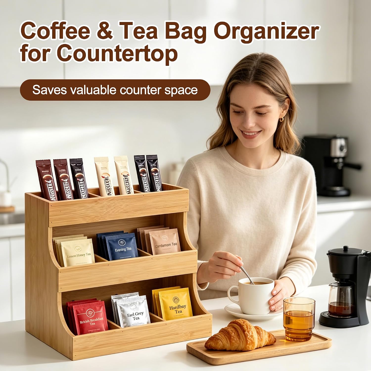 Bamboo Tea Bag Organizer, 3-Tier Vertical Space Saving Storage for Tea Bags, Coffee Pods, Sugar Packets, Countertop Holder for Kitchen, Coffee Bar, Home Office