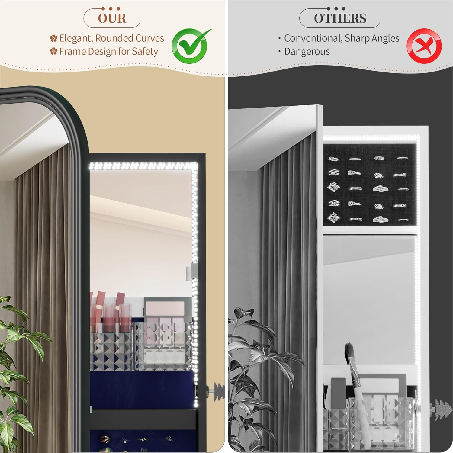 61" Full Length Mirror Jewelry Cabinet with Storage – Rotating, Lockable Jewelry Armoire with Velvet Lining, Standing Organizer for Women – Ideal Gift for Jewelry Storage & Display, Black