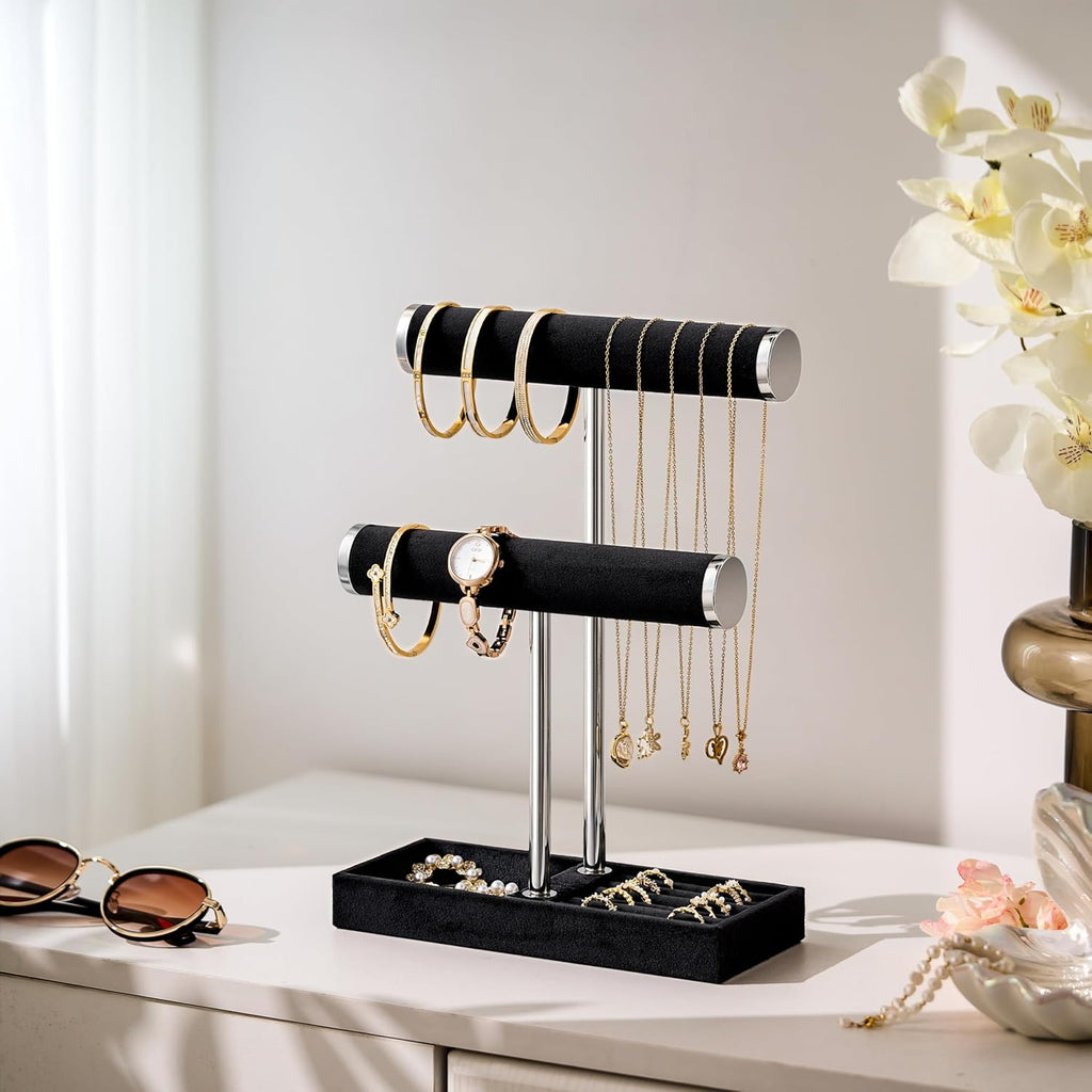 2 Tier Bracelet Holder Display - Detachable T Bar Black and Silver Velvet Bracelet Holder, Jewelry Holder Organizer for Bracelet, Necklace, Earrings, Rings