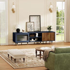 66” TV Stand with Glass Sliding Door, Mid Century Modern TV Cabinet for TVs up to 75 inch, Entertainment Center with Storage Cabinet, Television Console for Living Room, Bedroom, Blue