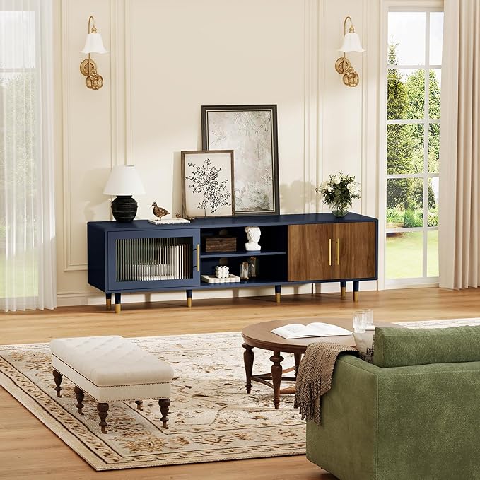 66” TV Stand with Glass Sliding Door, Mid Century Modern TV Cabinet for TVs up to 75 inch, Entertainment Center with Storage Cabinet, Television Console for Living Room, Bedroom, Blue