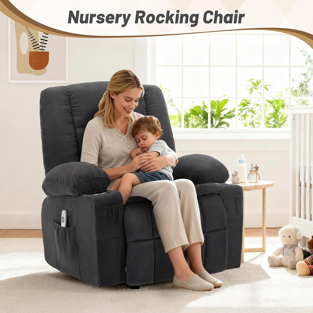 Rocker Recliner Chair with Massage and Heat, Recliner Chair for Adults, Nursery Rocking Chairs for Living Room, Ergonomic Comfy Relining Chair with Cup Holders, USB Charge Port, Side Pockets, Black