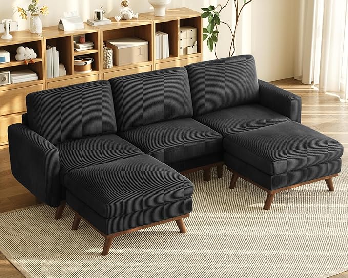 Vesgantti 97" Modular Sectional Sofa Black, U-Shaped Couch with Movable Ottoman, Comfy Corduroy Couch with Spring Cushion, Modular Sofa with Deep Seat for Living Room, Bedroom and Apartment