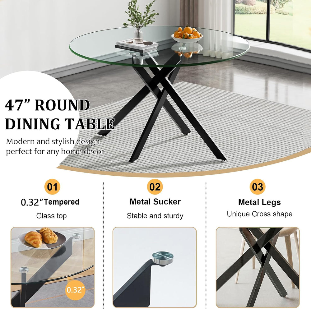 Round Glass Dining Room Table Set for 6, 7-Piece Dining Table Set with 47.2&q...