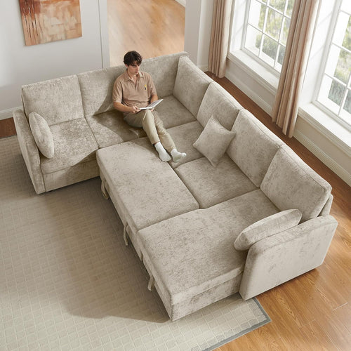 112'' Sectional Sleeper Sofa with Pull Out Bed, U Shaped 7 Seater Modular Sectional Sofa with Storage Chaise, Modern Sectional Sofas & Couches with 4 Pillows, Chenille Sofa Bed for Living Room, Camel