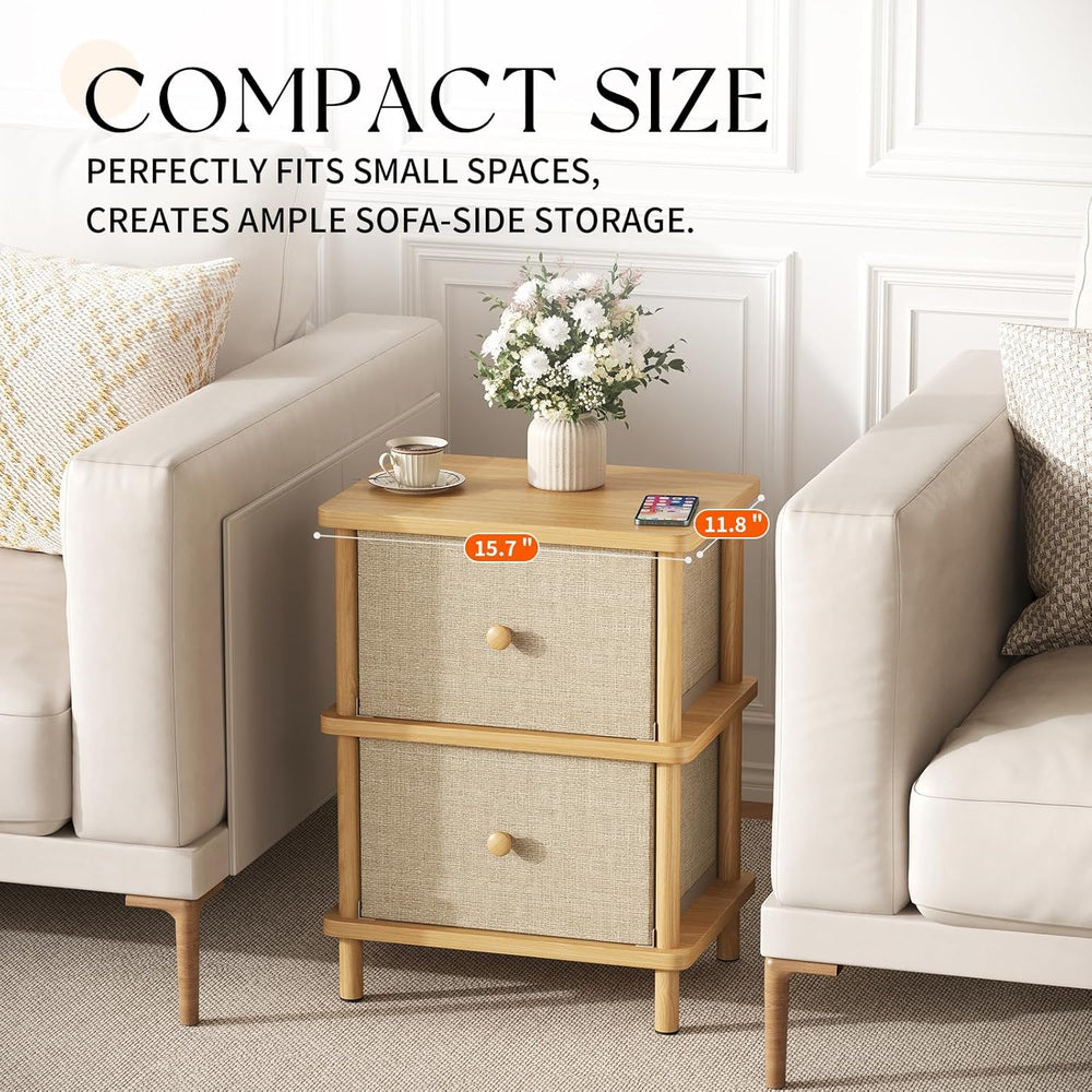 Apicizon Nightstand with 2 Storage Drawers, Boho Side Table with Solid Wood L...