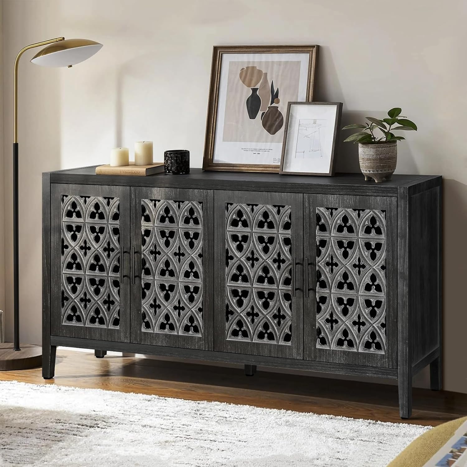 Buffet Sideboard Credenzas for Living Room, 60" Entryway Table with Storage Accent Cabinet, Hollow Carved Doors, Antique Black