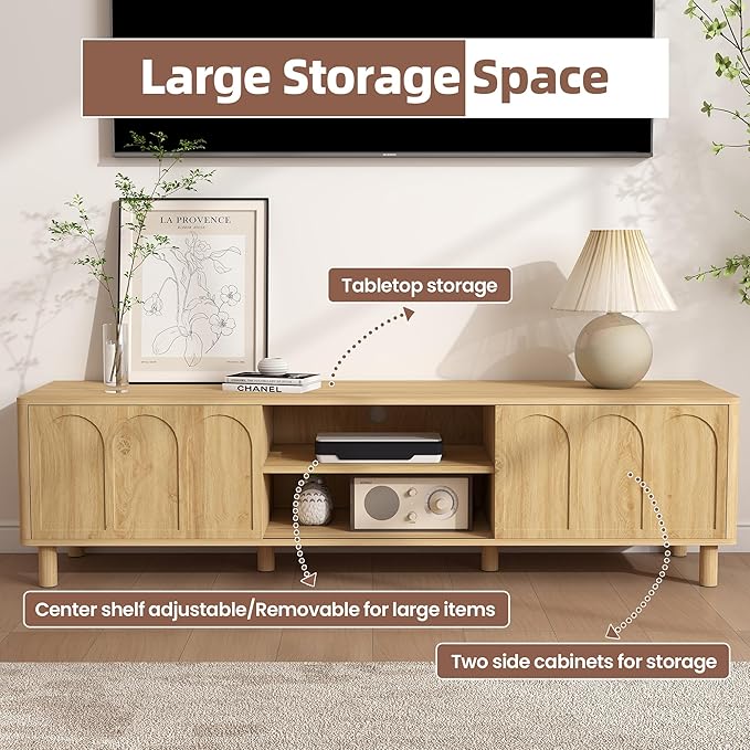 TV Stand for TVs up to 70'', Entertainment Center with Large Storage for Living Room, Media Console with Sliding Doors and Adjustable Shelves, Modern TV Cabinet for Game Consoles and Decor(Natural)