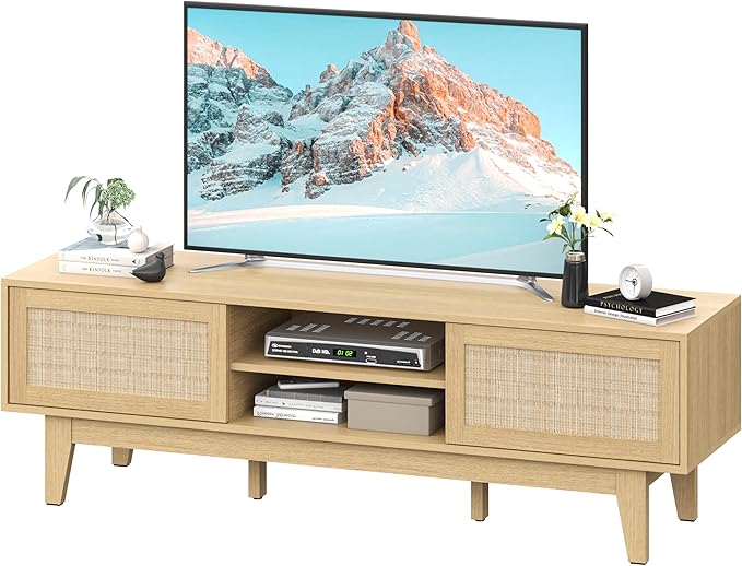 Boho TV Stand for 55 65 Inch TV, Rattan Entertainment Center with Shelves, Ca...