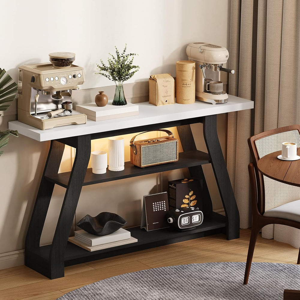 Console Table, 55-Inch Entryway Table with LED Light 3-Tier Narrow Wood Conso...