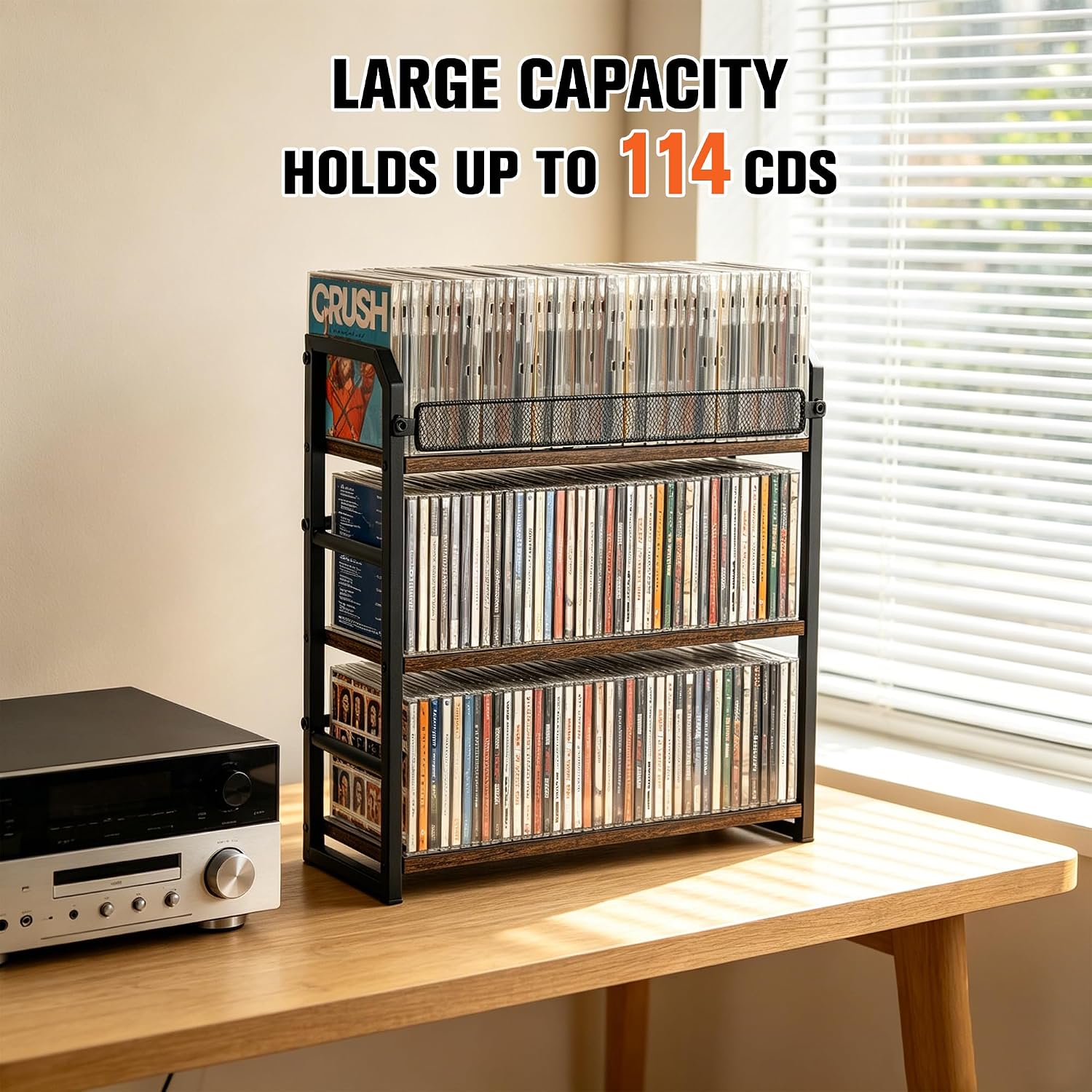 3-Tier CD Rack, Storage and Display Organizer, Compact Space-Saving Holder for Home, Office, or Bedroom, Durable Metal Construction, Holds 114 CDs