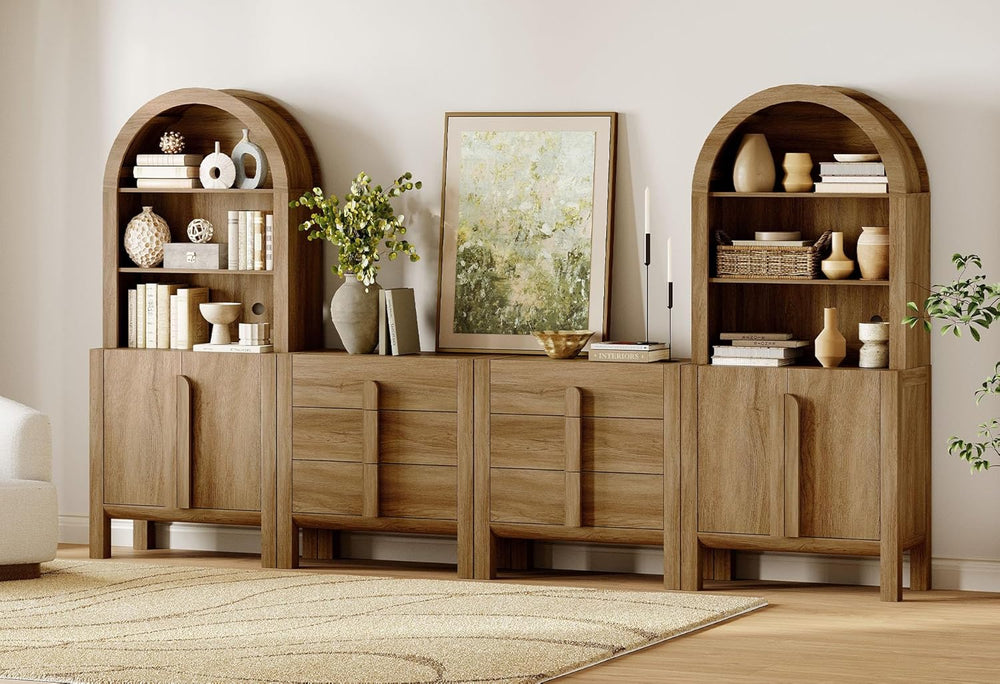 WAMPAT 6 in 1 71" Arched Bookcase with Doors, Walnut