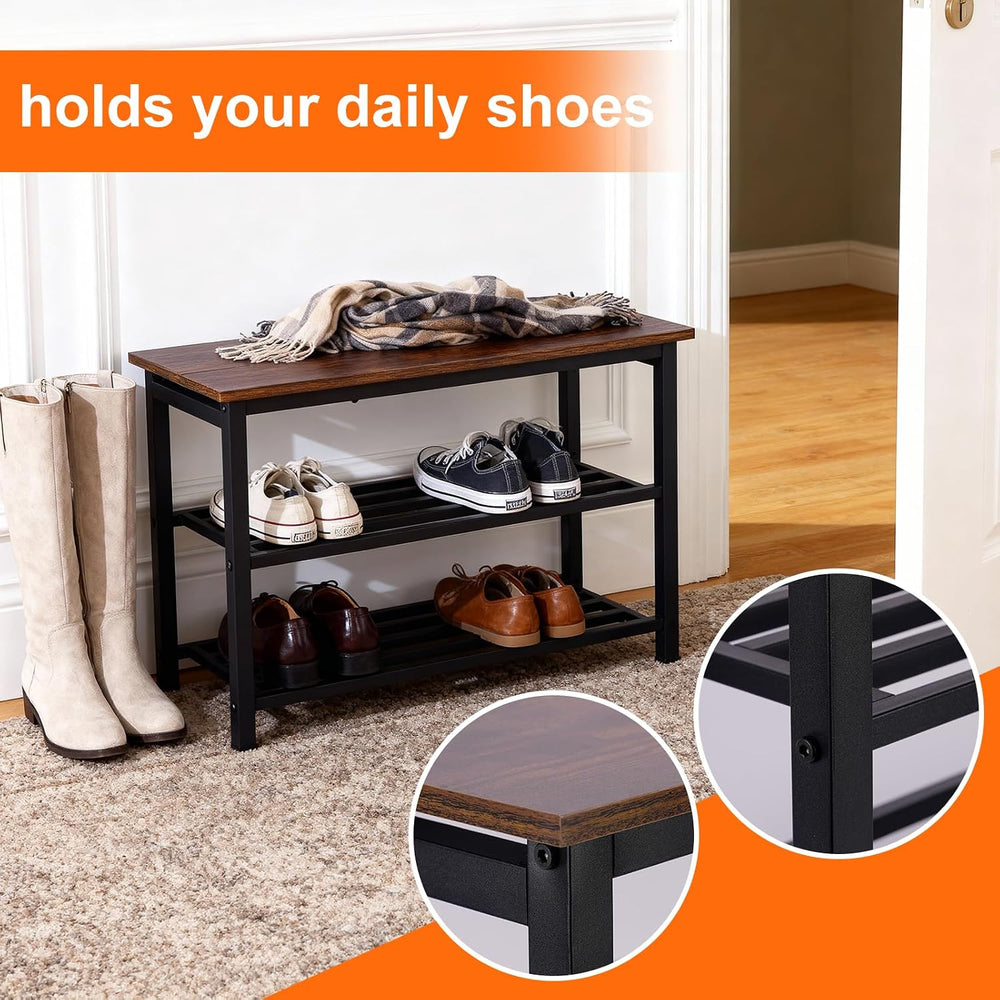 3-Tier Shoe Rack Bench, Rustic Brown Industrial Entryway Storage Organizer wi...
