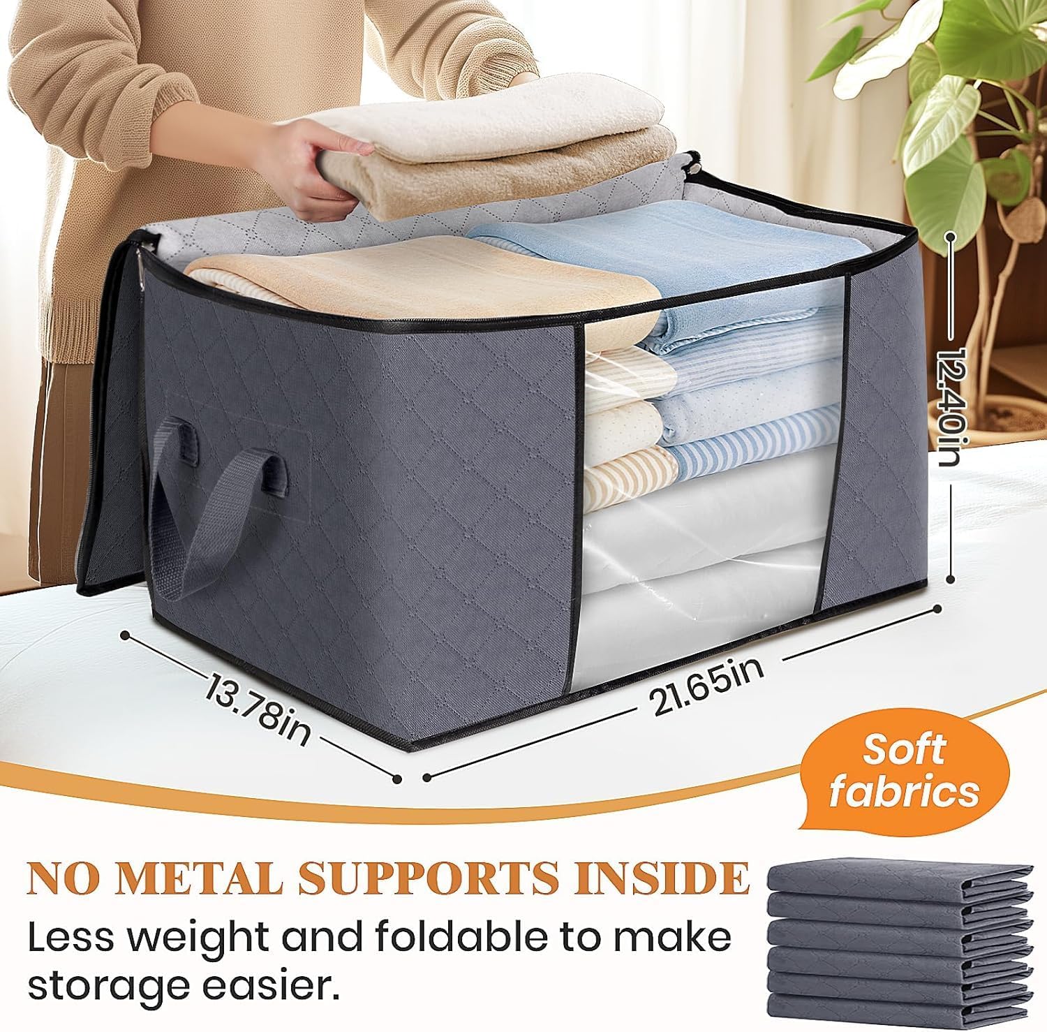 Large Clothes Storage Bags 8 Pack, Foldable Closet Organizers with Durable Breathable Fabric & Clear Window for Blankets, Comforters, Pillows, Bed Sheets, Toys & Seasonal Clothing (Gray)