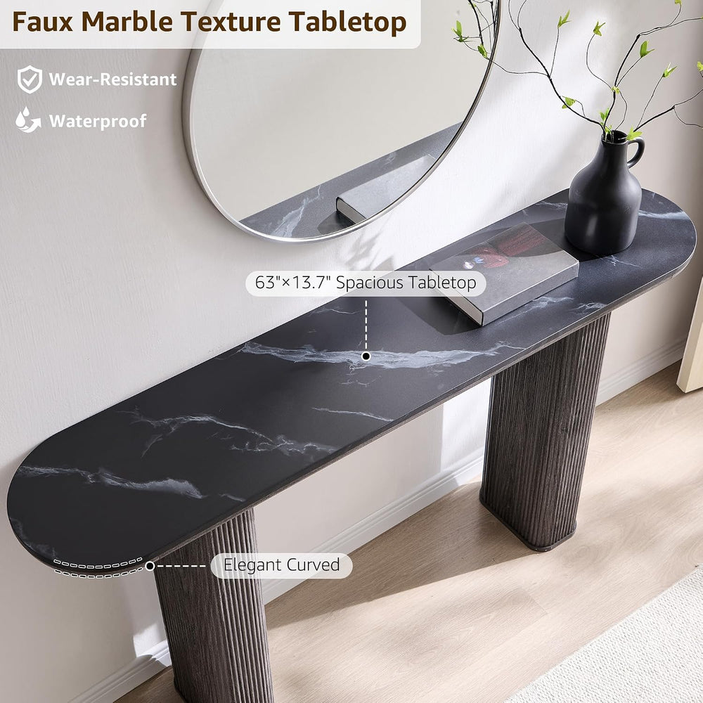 OKD 63" Modern Console Table with Arc Faux Marble Texture Top, Fluted Wo...