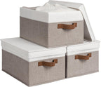 StorageWorks Large Storage Bins with Lids, Decorative Storage Boxes with Lid and PU Handles, Foldable Storage Baskets for Closet, Shelves, Stackable, Brown and White, 3-Pack