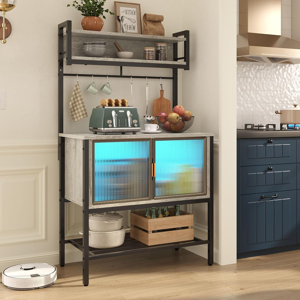 Bestier Coffee Bar with Storage, 5 Tier Microwave Stand with LED Lights, Kitchen Bakers Rack with Cabinet, Heavy Duty Storage Shelves for Kitchen Garage Pantry(Retro Grey Oak Light)