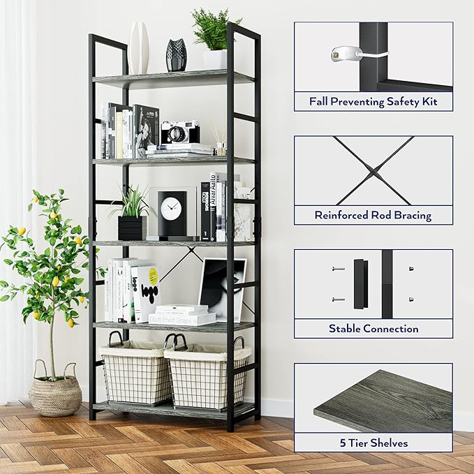 NUMENN 5 Tier Bookshelf, Tall Bookcase Shelf Storage Organizer, Modern Book S...