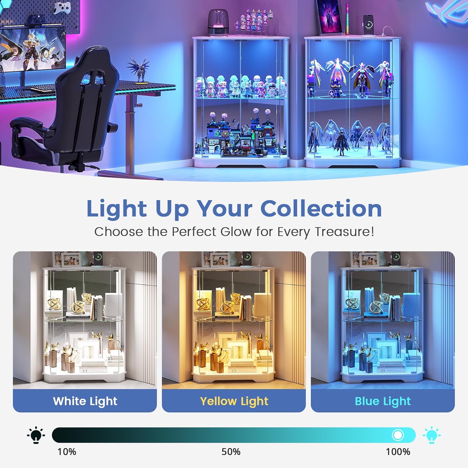 Corner Display Cabinet with Glass Doors, Small Display Case with 3-Color LED Lights and Charging Station, 2-Tier Curio Cabinet with Storage and Shelf, White