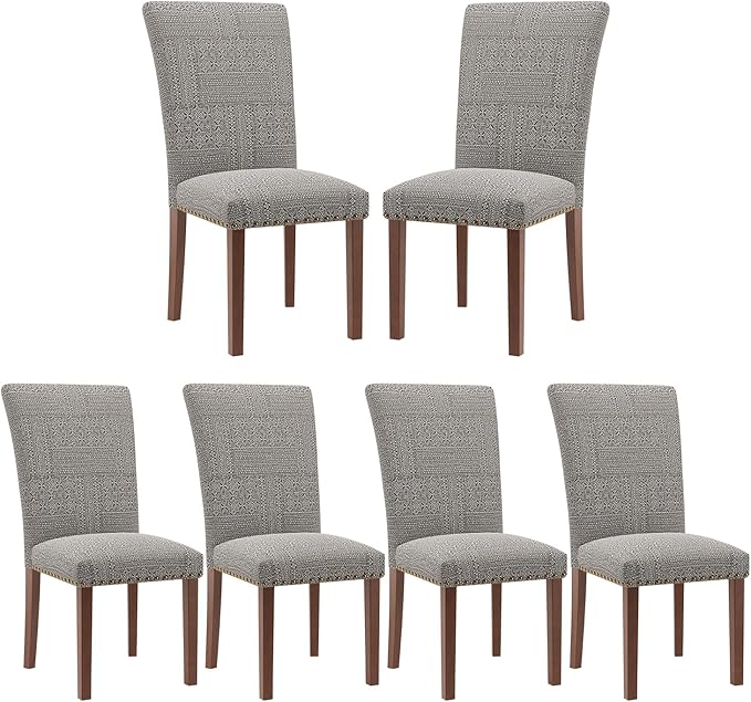 Stylish Dining Chairs Set of 6, Upholstered Parsons Dining Room Chair with Nailhead Trim, Kitchen Room Chair with Thick Cushions and Wood Legs, Nailhead Trim, SKY2383