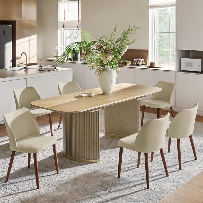 Dining Chairs Set of 6, Upholstered Kitchen Dining Room Chair Set Morden Accent Side Dinner Chair with Curved Padded Back Wood Legs for Restaurant/Cafe, Ivory
