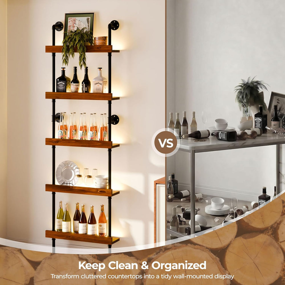 Industrial Bar Shelves, Wine Rack Wall Mounted, Walnut, 24 Inch | solid pinew...