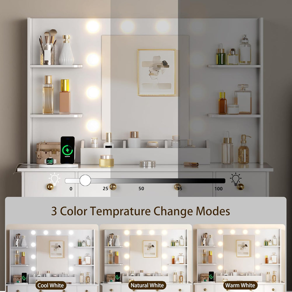 HUANLEGO Vanity Desk with Mirror and Lights, Makeup Vanity with Mirror and LE...