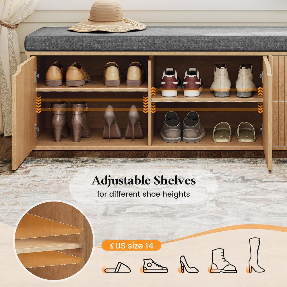 59" Storage Bench with Drawer, 2-Tier Shoe Bench with Doors, Long Entryw...