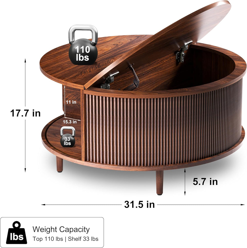 Round Coffee Table, 31.5" Fluted Center Table with Storage, Lift-Top Cof...