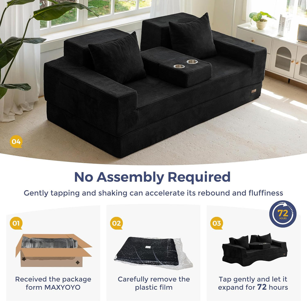 MAXYOYO Sofa Bed, 80-Inch Oversized Loveseat, 2 Cup Holders | Corded Black 4-...