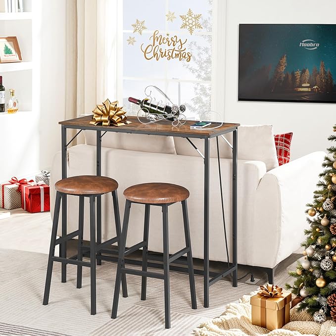 HOOBRO Bar Table with Charging Station, Rectangular Pub Table, High Top Coffee Table, Counter Bar Height Table, Narrow Long Dining Table, 35.4" L x 15.7" W x 35.6" H, Rustic Brown and Black BF90UBT01