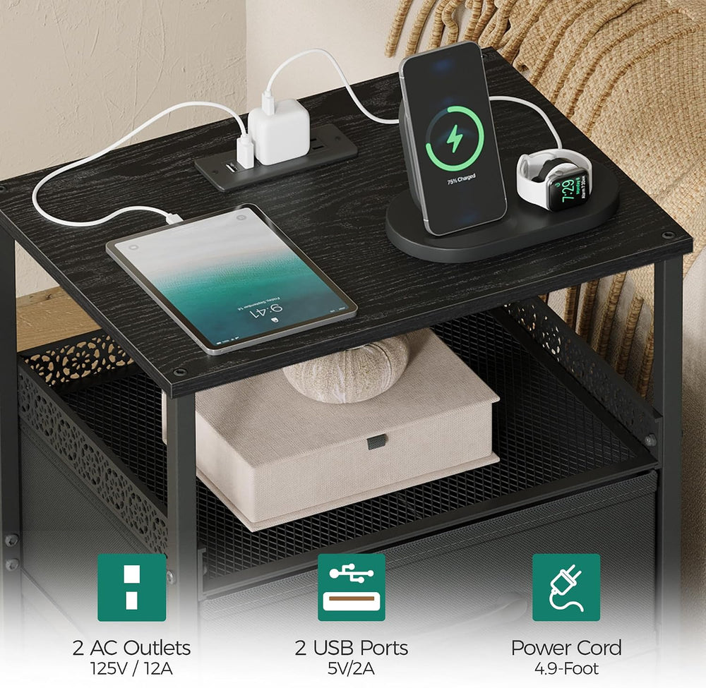 JARHETUN Night Stand Set 2 with Charging Station, 3 Drawer Nightstands with L...