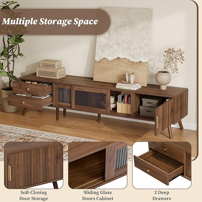Marzzi Mid-Century Modern TV Stand for 85 inches TV, 76" Media Console with Fluted Cabinet Door, Sliding Glass Doors, and 2 Drawers, Entertainment Center with Storage, Solid Wood Legs
