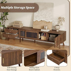 Marzzi Mid-Century Modern TV Stand for 85 inches TV, 76" Media Console with Fluted Cabinet Door, Sliding Glass Doors, and 2 Drawers, Entertainment Center with Storage, Solid Wood Legs