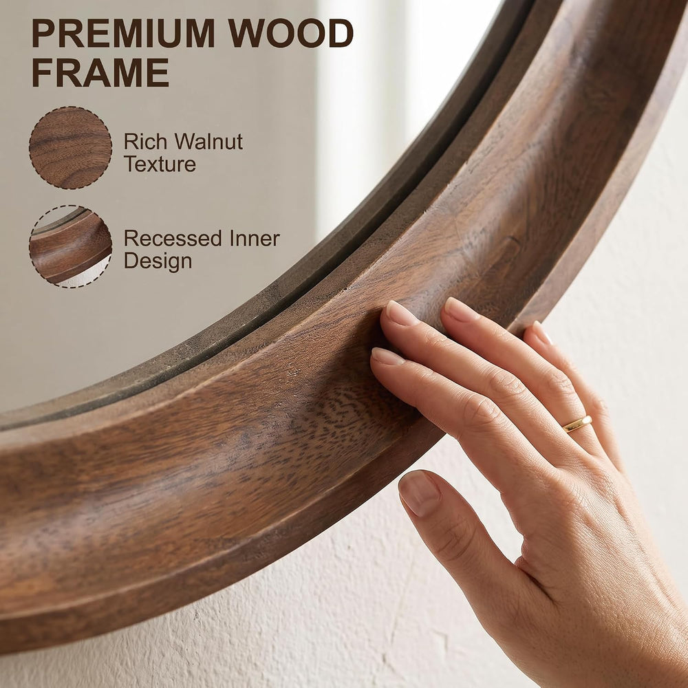 FICTOR Round Wood Mirror, 24" Circle Mirrors for Wall Decor, Walnut Brown