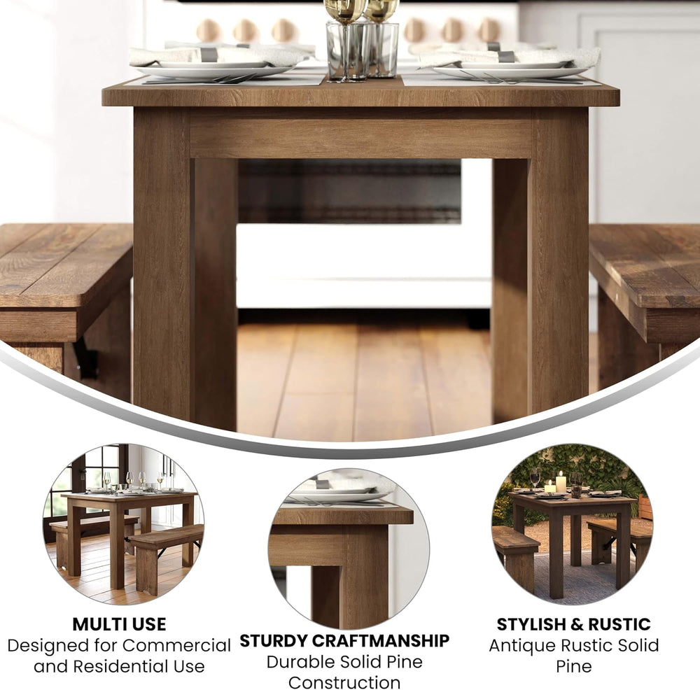 EMMA + OLIVER 46" x 30" Antique Rustic Solid Pine Farm Dining Table
