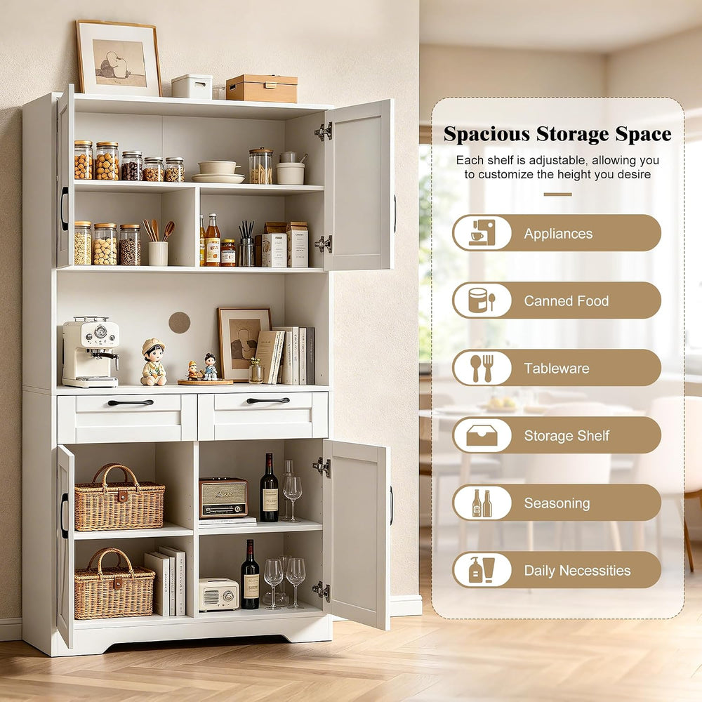 Tall Kitchen Pantry Cabinet with 2 Drawers, White Hutch Cabinet with Storage,...