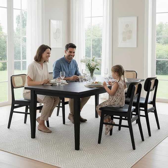 Black Dining Chairs Set of 2 Faux Leather Dining Room Chairs with Rattan Back Farmhouse Kitchen Chairs Wooden Side Chairs