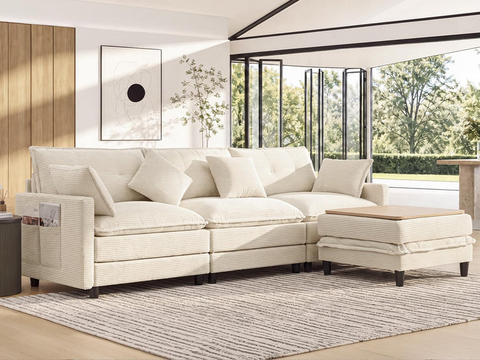 107.3" L-Shaped Modular Sectional Sofa with Storage Ottoman, 3-Seat Deep Seat Corduroy Cloud Sofa with 4 Throw Pillows, Cloud Couch for Living Room, Bedroom, Apartment, Tool-Free Assembly, Cream