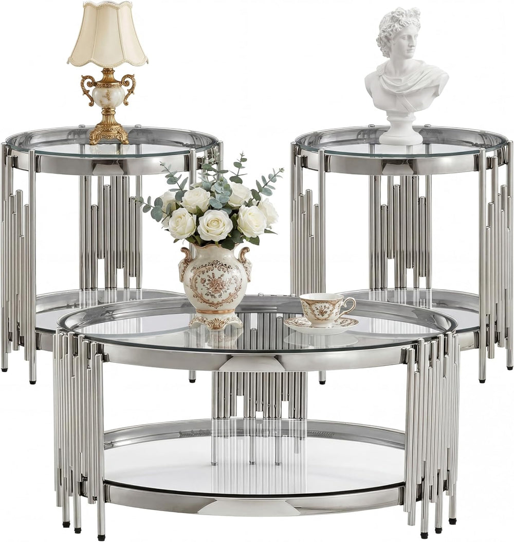 Round Glass Coffee Table Set of 3, Silver and Clear Modern Living Room Table ...