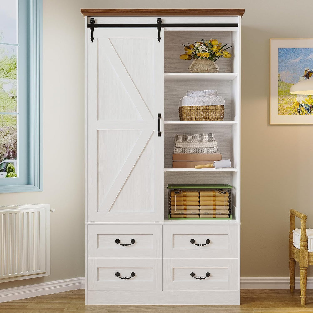 IRONCK Armoire Wardrobe Closet with 4 Drawers, Sliding Barn Doors, White