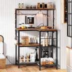 HOOBRO L-Shaped Bakers Rack with Power Outlet, 4-Tier Corner Microwave Stand with Storage, Coffee Bar Station with 8 Hooks, Kitchen Shelf Rack, 2 Installation Methods, Rustic Brown and Black BF20UHB01
